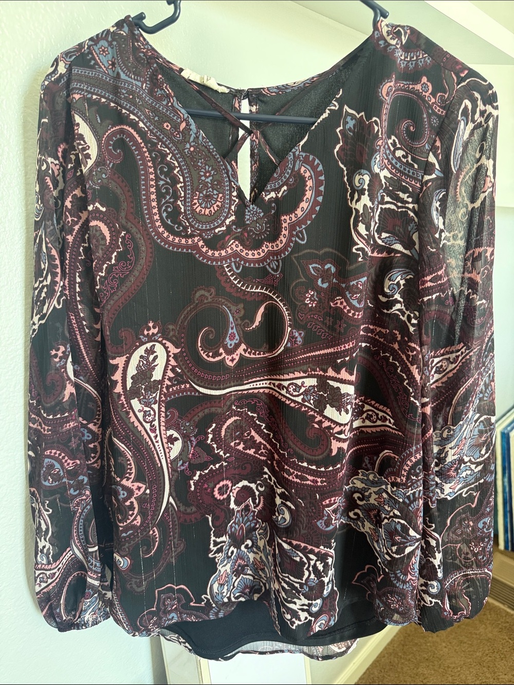 Maurices Paisley V-Neck Long-Sleeve Blouse - Wine, Pink, Black